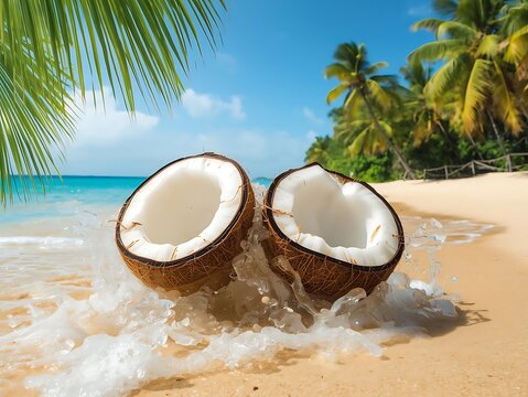 Fresh coconut halves on a tropical paradise beach