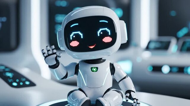 Cute robot sitting with futuristic interior.