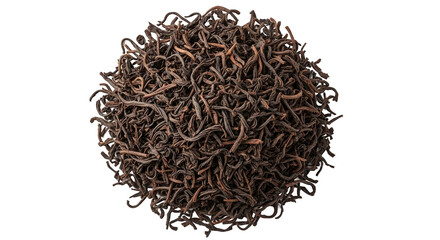A dark, rich pile of dried, curly leaves, forming a circular shape