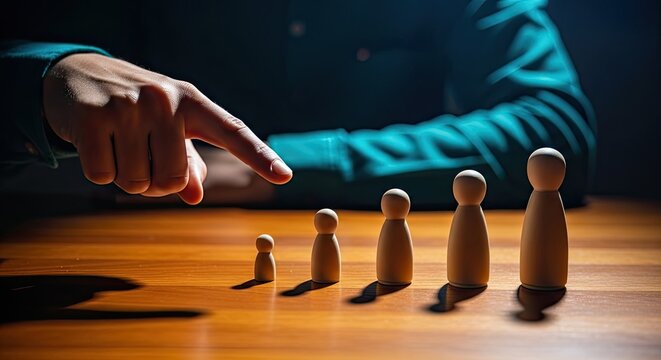 Hand pointing at wooden figures representing growth and hierarchy.