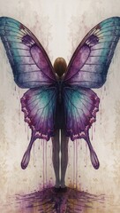 Woman with large butterfly wings emerging from watercolor effect