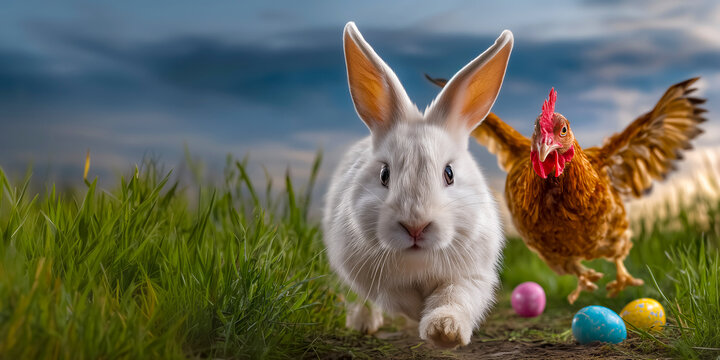 rabbit running away from an angry red hen across a green meadow, Easter egg hunt poster, copy space for text for the bright holiday of Easter