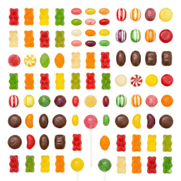 Massive grid of assorted colorful gummy and hard candies