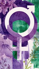 Gender symbols abstract background with purple and green watercolor textures flowers