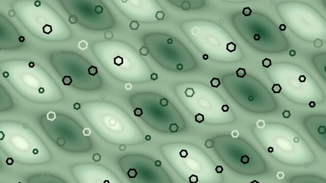 Green abstract pattern of flowing ovals and scattered hexagons of varying hues