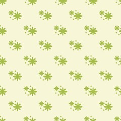 Minimalist seamless pattern with small green flowers and sparkles on cream background.