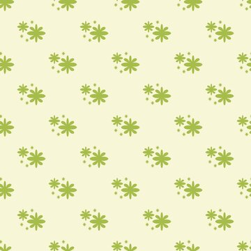 Minimalist seamless pattern with small green flowers and sparkles on cream background.