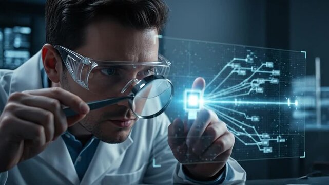 Scientist Examining Quantum Computer Chip with Timeline Map