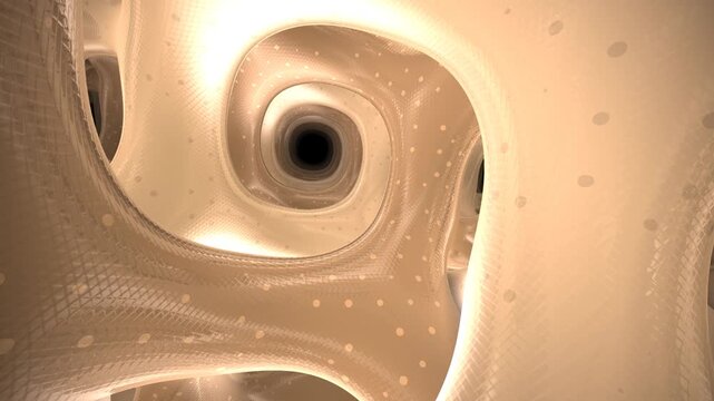 An abstract, light-toned, spiral-like tunnel with dotted texture, leading to a dark central hole