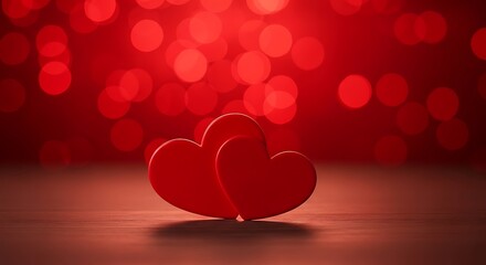 Two intertwined hearts glowing with a soft red bokeh background