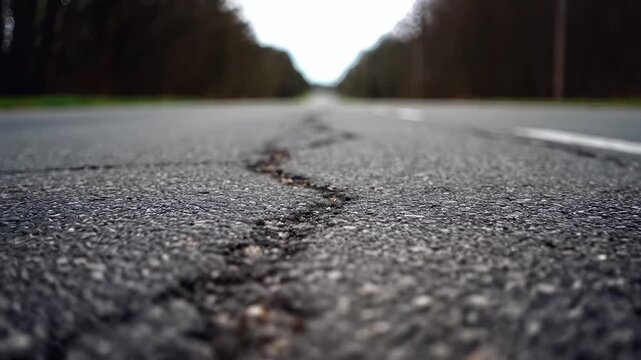 Cracked asphalt road with slow motion camera panning over damaged surface, symbolizing neglect and deterioration.