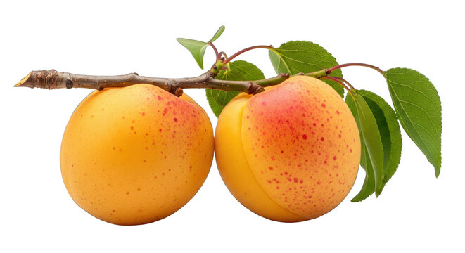 Two ripe apricots with leaves and branch on black background