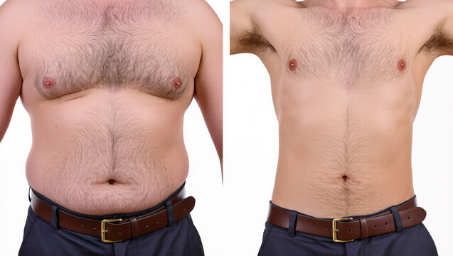 Before and after comparison of a man&rsquo;s torso showing significant belly fat reduction, illustrating weight loss progress, fitness transformation, and improved body shape.