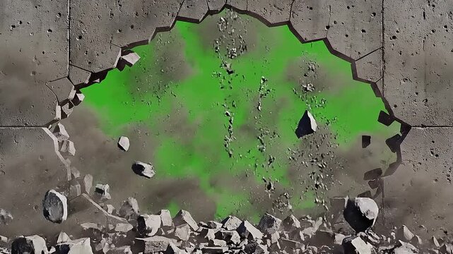 Explosion Breaking Wall and Revealing Hole on Green Screen