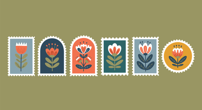 Folk art style postage stamps display six unique stylized floral patterns arranged in a horizontal row against an olive background.
