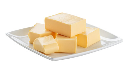 butter cubes on a white plate, isolated on background.