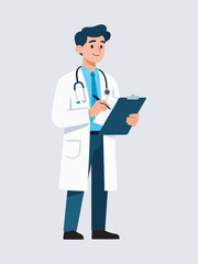 Fototapeta premium Confident doctor in a white coat smiling while reviewing patient records on a clipboard, wearing a stethoscope around his neck, conveying a sense of professionalism and care in a medical setting.