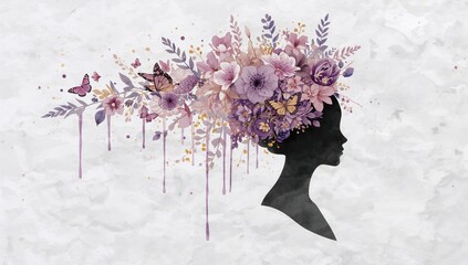 Woman silhouette profile with blooming flowers and butterflies in hair