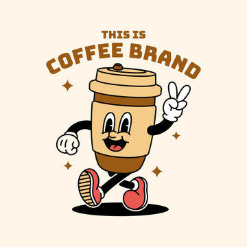 Rubber hose vintage disposable coffee cup mascot walking with peace sign hand gesture, takeaway brand logo with retro stars and shadow.