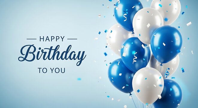 Cheerful "Happy Birthday To You" message in elegant script, accompanied by a festive cluster of blue and white balloons with confetti ribbons on a light blue background.