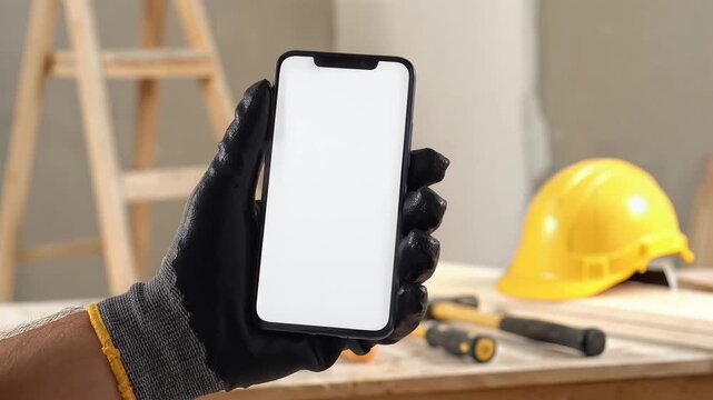 Gloved hand holding smartphone with blank screen in construction setting with tools and yellow hard hat, symbolizing construction technology and mobile applications for builders.