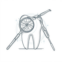 Dental Tooth with Inspection Mirror Line Art Vector Illustration