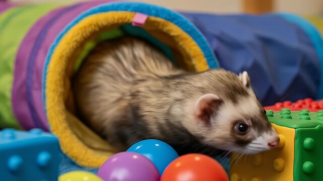 Adorable Ferret Exploring a Colorful Tunnel with Playful Toys.