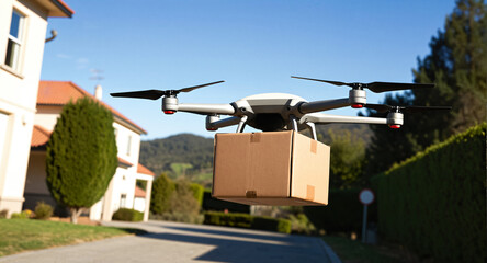 A delivery drone carries a cardboard box parcel