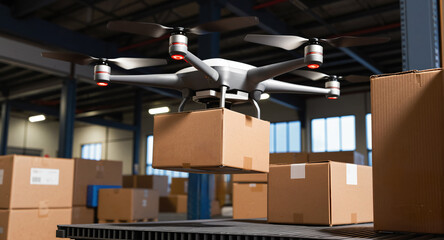 A delivery drone carries a cardboard box parcel