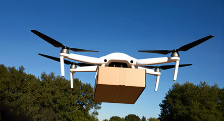 A delivery drone carries a cardboard box parcel