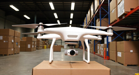 A delivery drone carries a cardboard box parcel