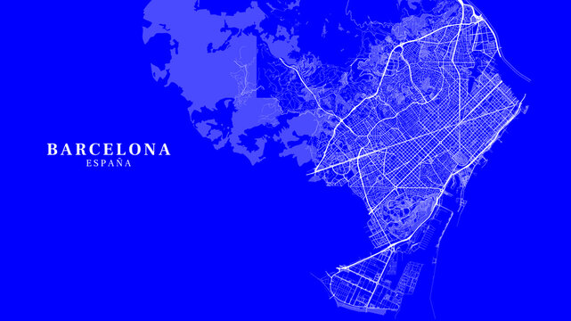 Blue blueprint map of Barcelona Spain with white lines on vibrant blue background