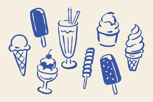 Ice cream desserts doodle line art vector illustration
