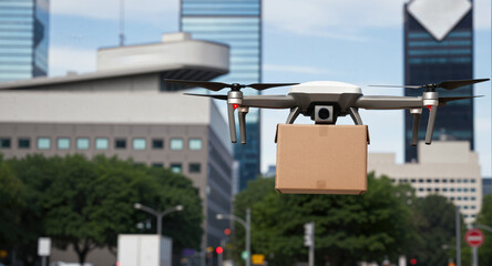 A delivery drone carries a cardboard box parcel