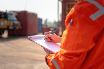 An operation supervisor is writing on paper during perform safety audit at construction work site,...