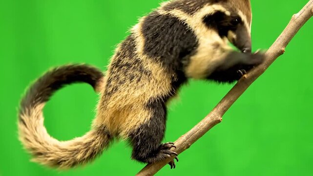 A black and tan patterned mammal with a long curled tail climbing a branch against a vibrant green background.
