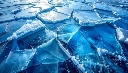 Obraz premium A macro shot of blue ice texture reveals transparent frozen crystals and a clear abstract pattern of frost inside a cold glass cube of water