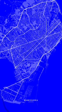 Blue blueprint poster map of Barcelona city streets layout in minimalist monochrome design