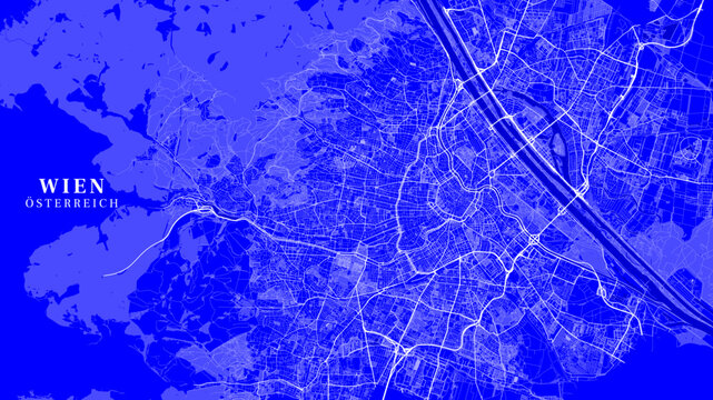 Blue blueprint poster map of Vienna Austria with detailed street layout in minimalist monochromatic style