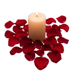Ivory pillar candle with scattered red petals.