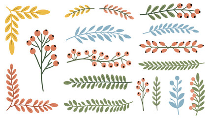 Fototapeta premium A vibrant collection of hand-drawn vector elements featuring various leaves, branches, and berries in autumnal colors, perfect for decorative designs.