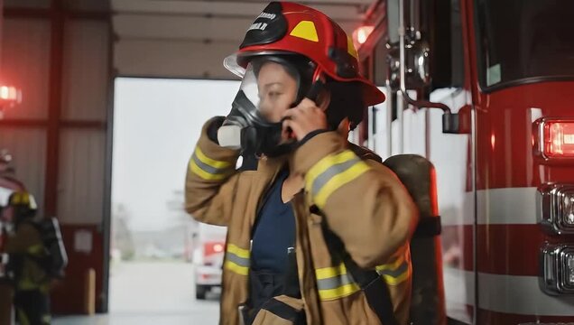 Firefighter in action, communicating via radio beside a fire truck in a garage