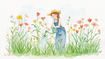 Gardener woman watering flowers in a field of wildflowers on a sunny day watercolor