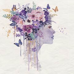 Profile of a woman's head adorned with purple flowers and butterflies watercolor style