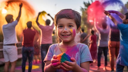 Smiling Boy Covered in Colorful Powder Surrounded by People Celebrating Holi Festival