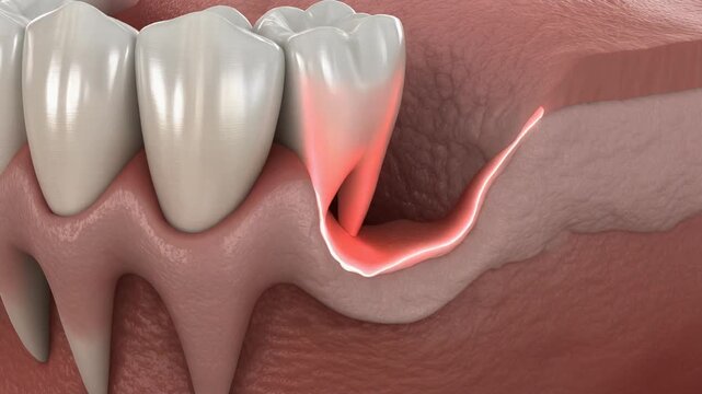 Periodontal Pocket Illustration. A permanent tooth showing a slight, early-stage periodontal pocket due to minor gum inflammation. Focus: subtle inflammation and pocket formation, early warning sign.
