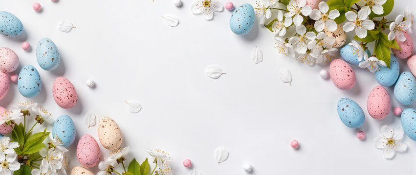 Pastel speckled Easter eggs and delicate white blossoms frame a clean white background, creating a fresh, elegant spring holiday composition.