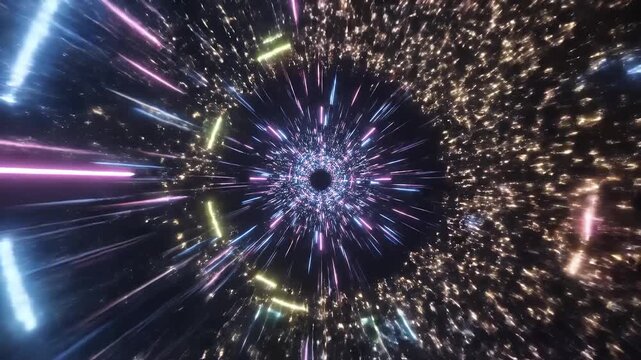Cosmic explosion viewed from a futuristic spacecraft amidst a swirling vortex of colorful particles and light trails