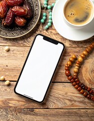 Smartphone with blank screen on wooden table with dates and coffee suitable for ramadan mockup