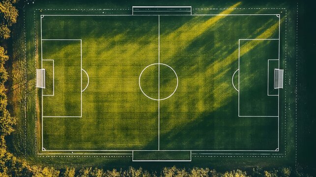 Aerial top view of a soccer field with clear field markings. Concept of strategy, game planning, tactics and sports background.